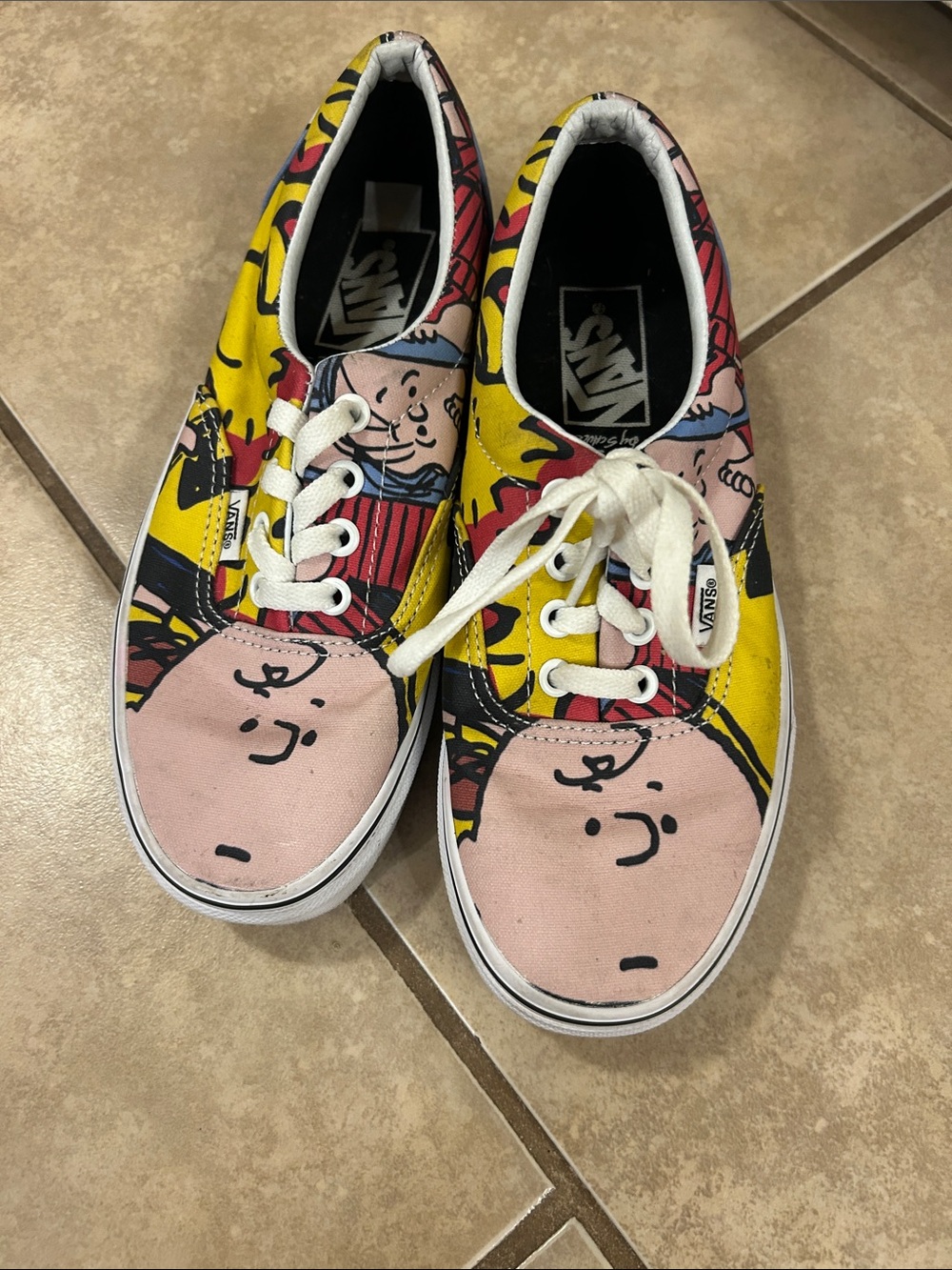 Rare Vans 7 Peanuts Charlie Brown Graphic Sneakers - Yellow/Pink/Black